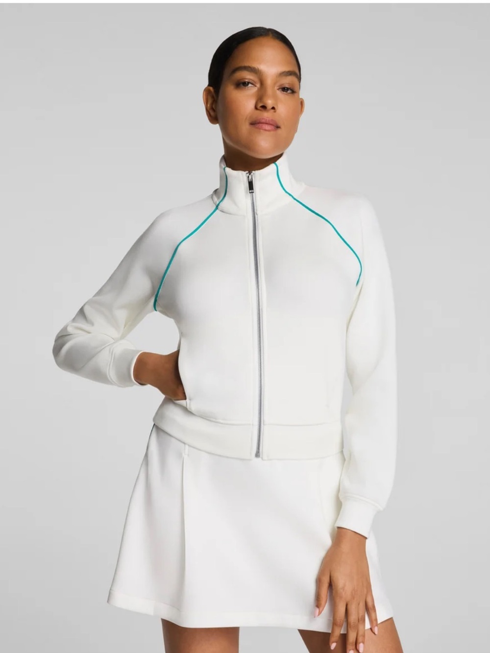 NWT SPANX Contrast Piping AirEssentials track Jacket with Teal Trim powder M